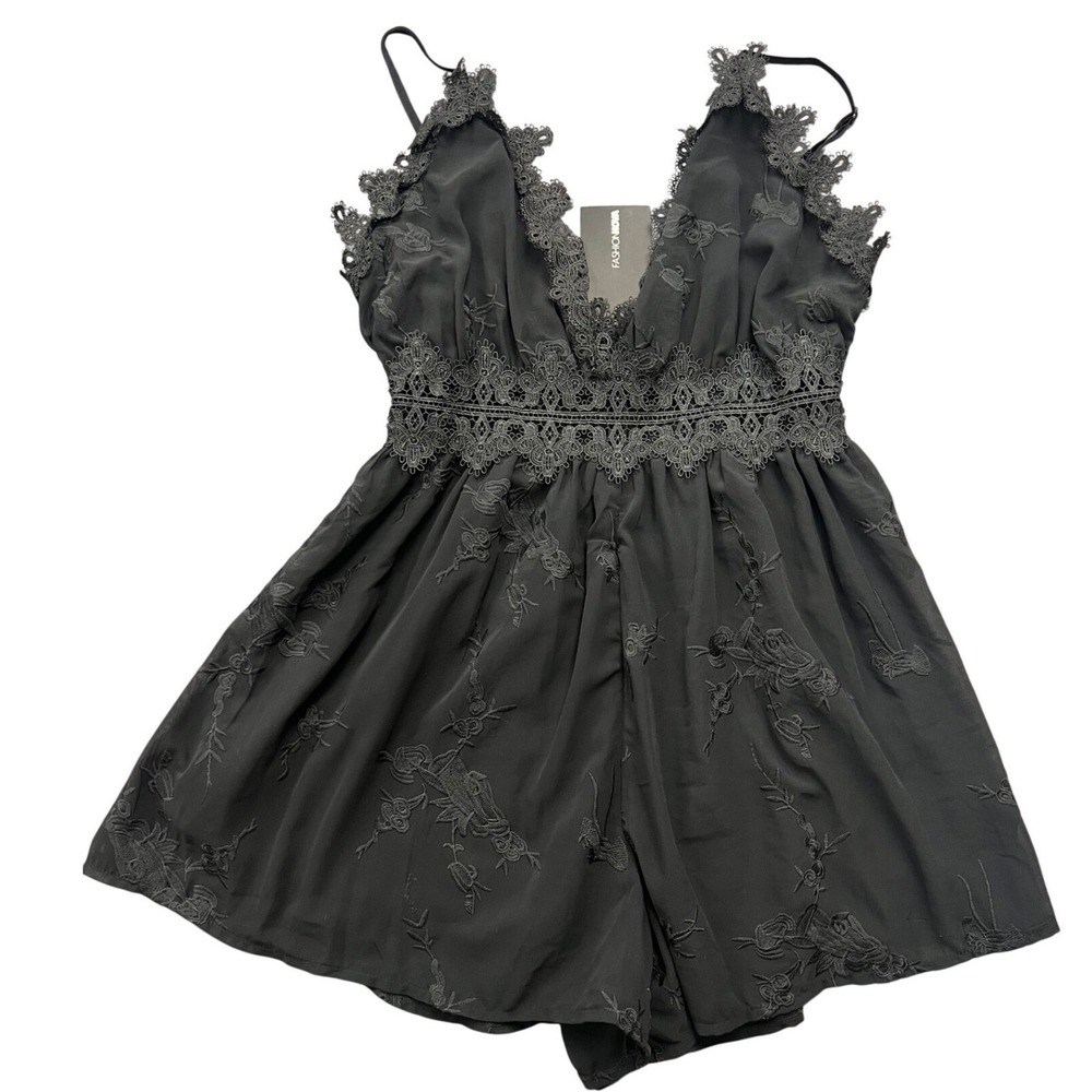 Fashion Nova Black Lace-Trimmed V-Neck Romper